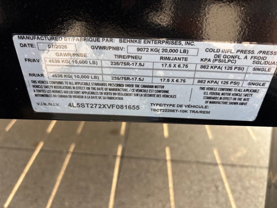 New 2027 Behnke TBCT2220ET-10K Utility Trailer