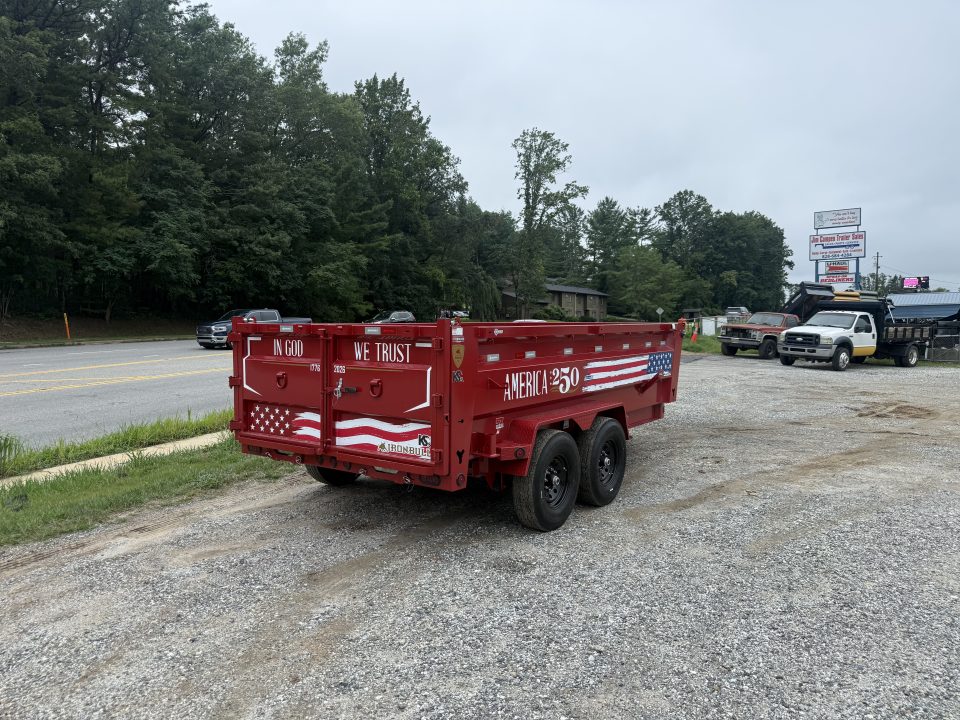 New 2027 Iron Bull DWB8314072 America 250 Series Dump Trailer /Hyd Jack / Wireless Remote / Solar Panel / 36" High Sides / 2-7k Electric Brake Axles / tarp / Alum Ramps / Combo Gate / Powder Coat Red