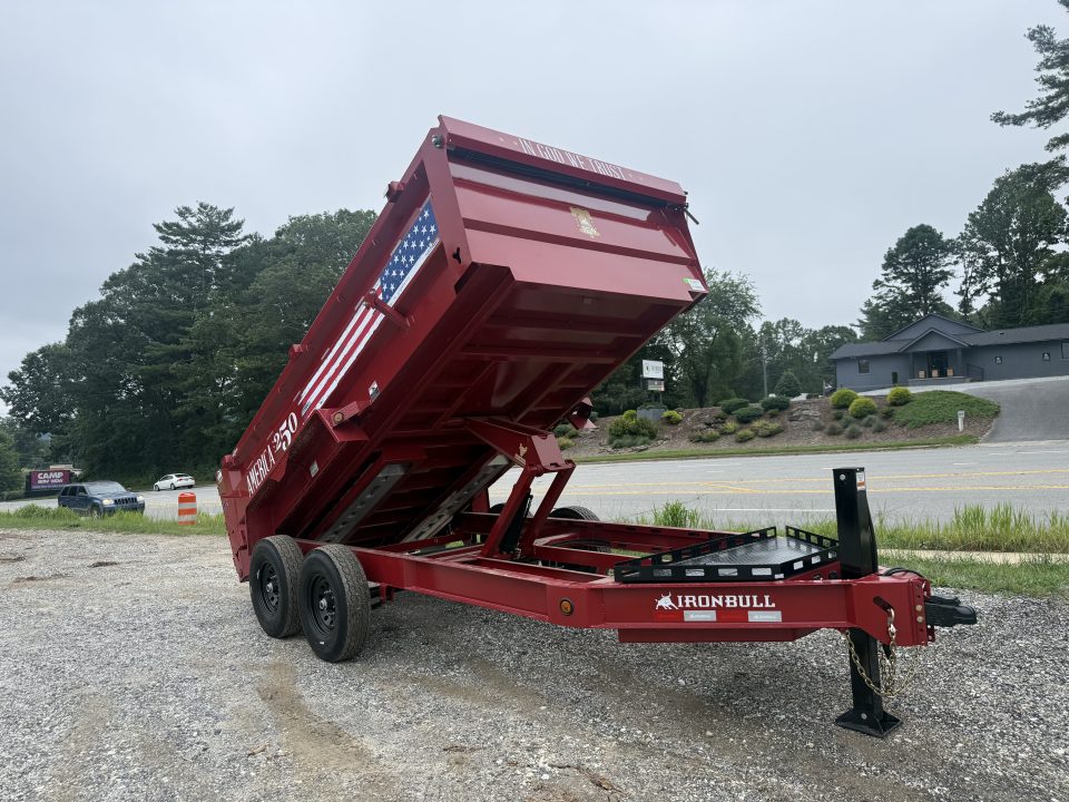 New 2027 Iron Bull DWB8314072 America 250 Series Dump Trailer /Hyd Jack / Wireless Remote / Solar Panel / 36" High Sides / 2-7k Electric Brake Axles / tarp / Alum Ramps / Combo Gate / Powder Coat Red
