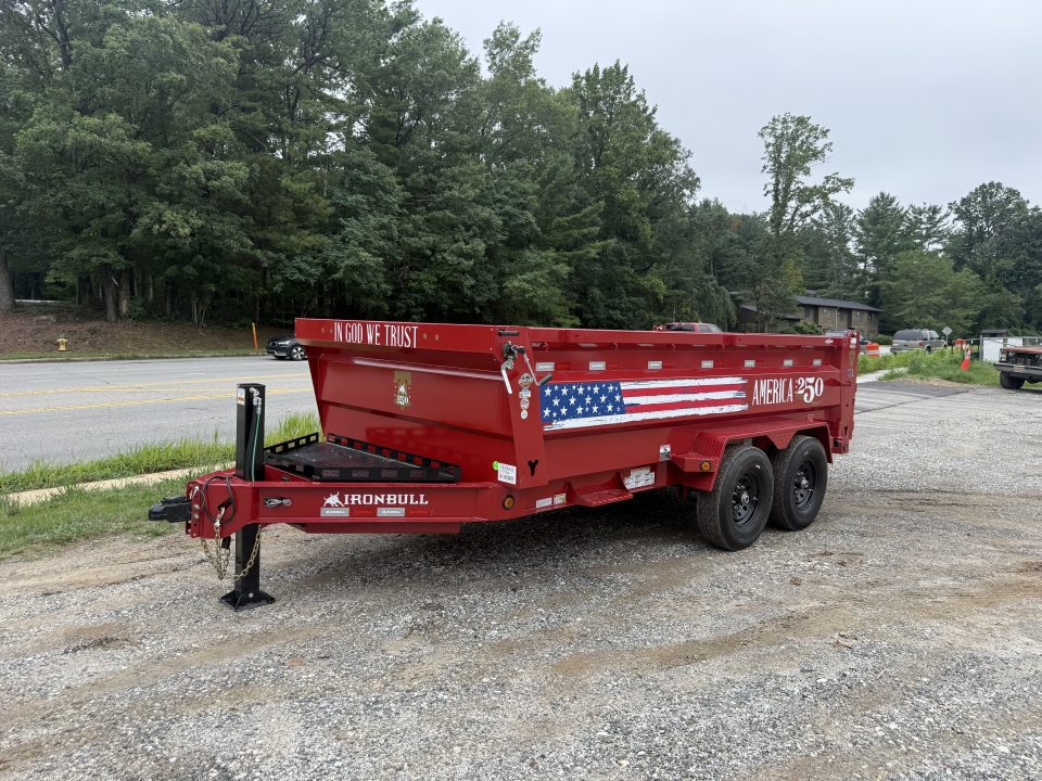 New 2027 Iron Bull DWB8314072 America 250 Series Dump Trailer /Hyd Jack / Wireless Remote / Solar Panel / 36" High Sides / 2-7k Electric Brake Axles / tarp / Alum Ramps / Combo Gate / Powder Coat Red