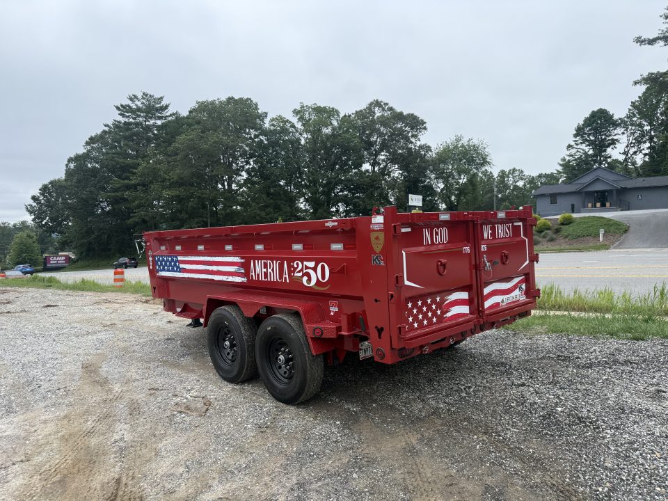New 2027 Iron Bull DWB8314072 America 250 Series Dump Trailer /Hyd Jack / Wireless Remote / Solar Panel / 36" High Sides / 2-7k Electric Brake Axles / tarp / Alum Ramps / Combo Gate / Powder Coat Red