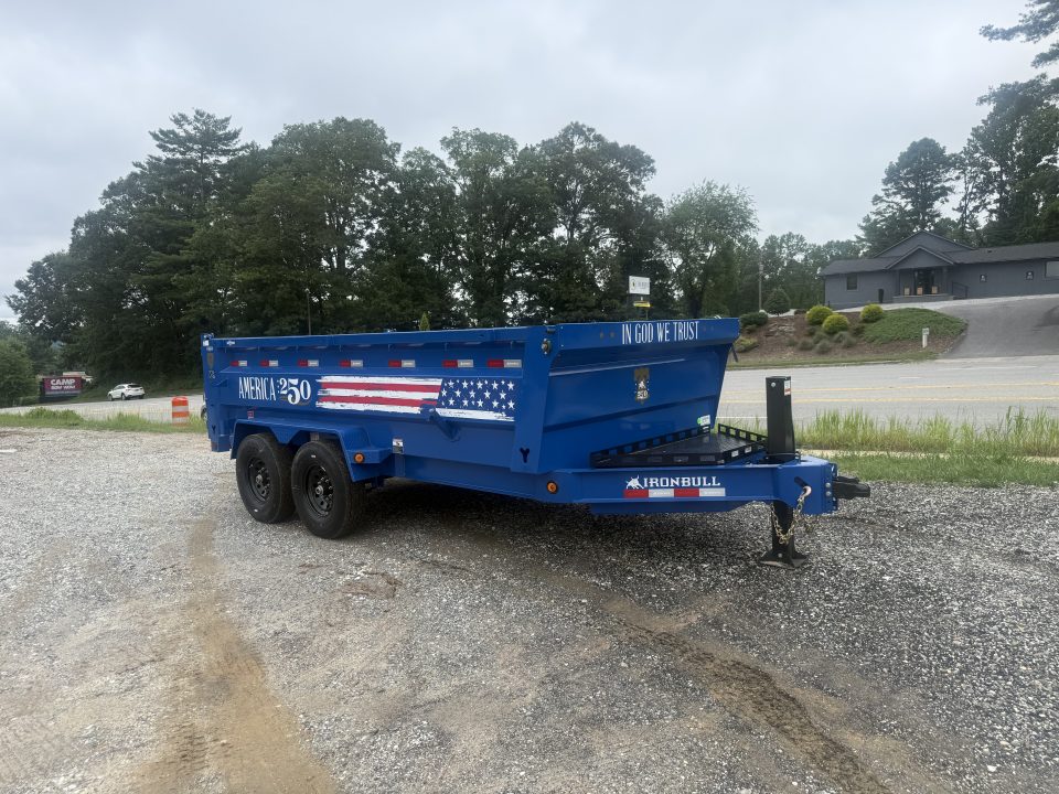 New 2027 Iron Bull DWB8314072 America 250 Series Dump Trailer /Hyd Jack / Wireless Remote / Solar Panel / 36" High Sides / 2-7k Electric Brake Axles / tarp / Alum Ramps / Combo Gate / Powder Coat Blue