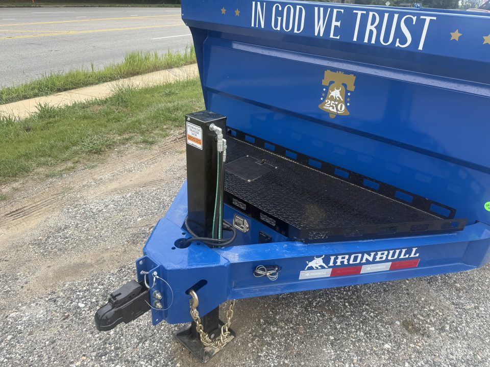 New 2027 Iron Bull DWB8314072 America 250 Series Dump Trailer /Hyd Jack / Wireless Remote / Solar Panel / 36" High Sides / 2-7k Electric Brake Axles / tarp / Alum Ramps / Combo Gate / Powder Coat Blue