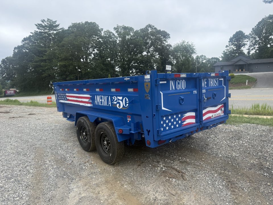 New 2027 Iron Bull DWB8314072 America 250 Series Dump Trailer /Hyd Jack / Wireless Remote / Solar Panel / 36" High Sides / 2-7k Electric Brake Axles / tarp / Alum Ramps / Combo Gate / Powder Coat Blue