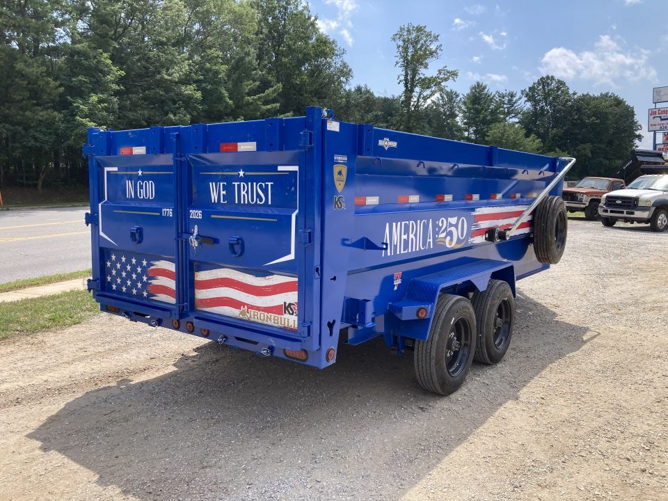 New 2027 Iron Bull DWB8316082 America 250 Series Dump Trailer /Hyd Jack / Wireless Remote / Solar Panel / 48" High Sides / 2-8k Electric Brake Axles / Tarp / Alum Ramps / Combo Gate / Powder Coat Blue