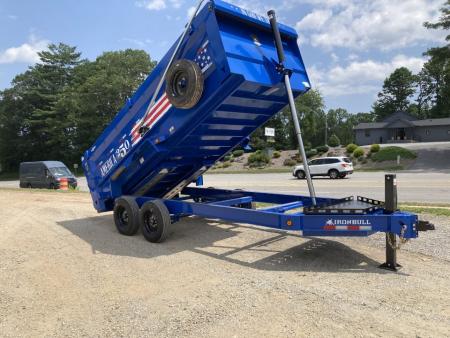 New 2027 Iron Bull DWB8316082 America 250 Series Dump Trailer /Hyd Jack / Wireless Remote / Solar Panel / 48" High Sides / 2-8k Electric Brake Axles / Tarp / Alum Ramps / Combo Gate / Powder Coat Blue