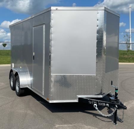 New 7x14 Tandem Axle Enclosed Cargo Trailer: Silver w/ Rear Spoiler, 7'interior height