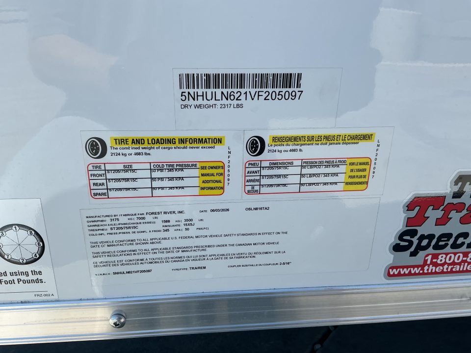 New 2027 Cargo King LN816TA2 8FT X 16FT 7K GVW Cargo / Enclosed Trailer
