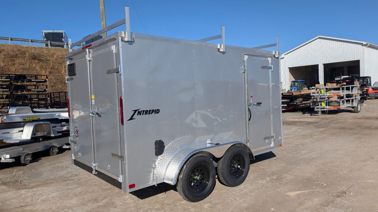 New 2027 Homesteader 7x12 Tandem Intrepid V-Nose Contractor Trailer w/ Barn Doors & Ladder Rack