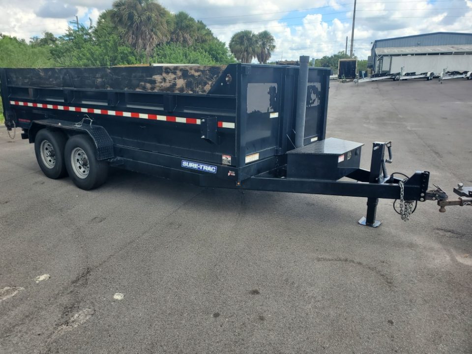 Used 2022 Sure-Trac 7X16X2 TELESCOPIC 14000 LB GVWR(2-7K AXLES) Dump Trailer WITH RAMPS AND TARP
