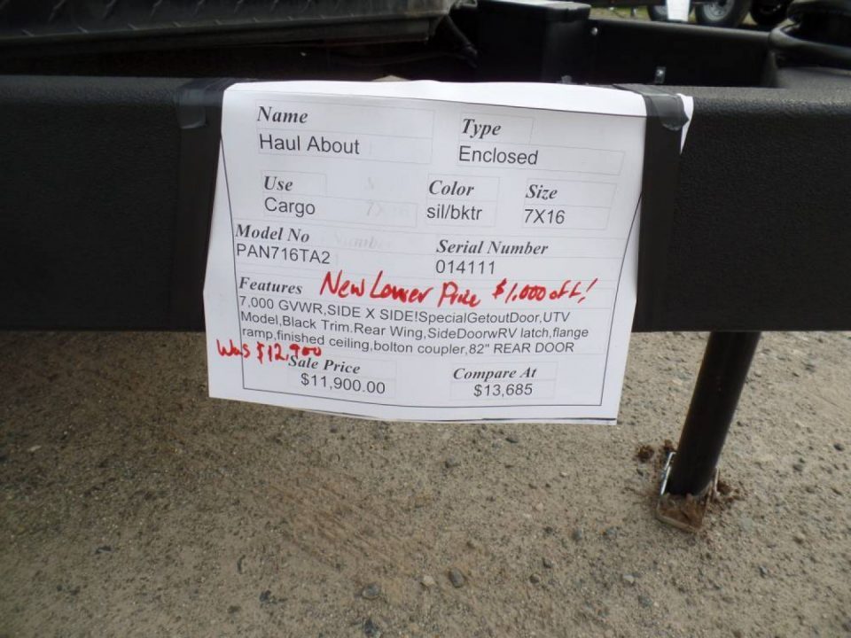 Used 2025 Haul About Trailers HAUL ABOUT / SIDE X SIDE TRAILER! 7X16 WITH EXTRA HEIGHT, and SPECIAL GET OUT FLIP UP DOOR! OUR ID# 014111, Cargo / Enclosed Trailer