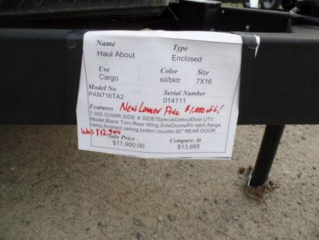Used 2025 Haul About Trailers HAUL ABOUT / SIDE X SIDE TRAILER! 7X16 WITH EXTRA HEIGHT, and SPECIAL GET OUT FLIP UP DOOR! OUR ID# 014111, Cargo / Enclosed Trailer