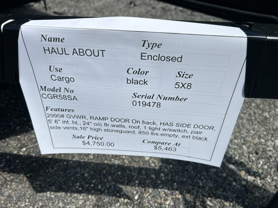 New 2027 Haul About Trailers 5'X8' with rear ramp door, and side door!, single axle 2,990 lb. GVWR Cargo / Enclosed Trailer
