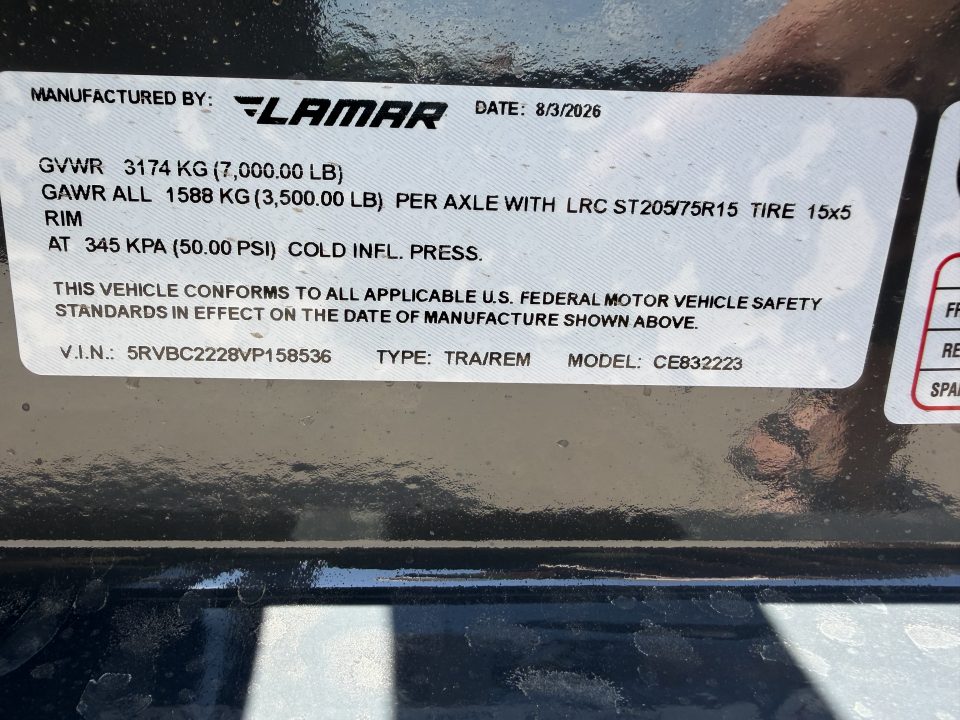 New #158536 2027 LAMAR CE 22 X 83 TANDEM AXLE 7K WOOD FLOOR CAR HAULER