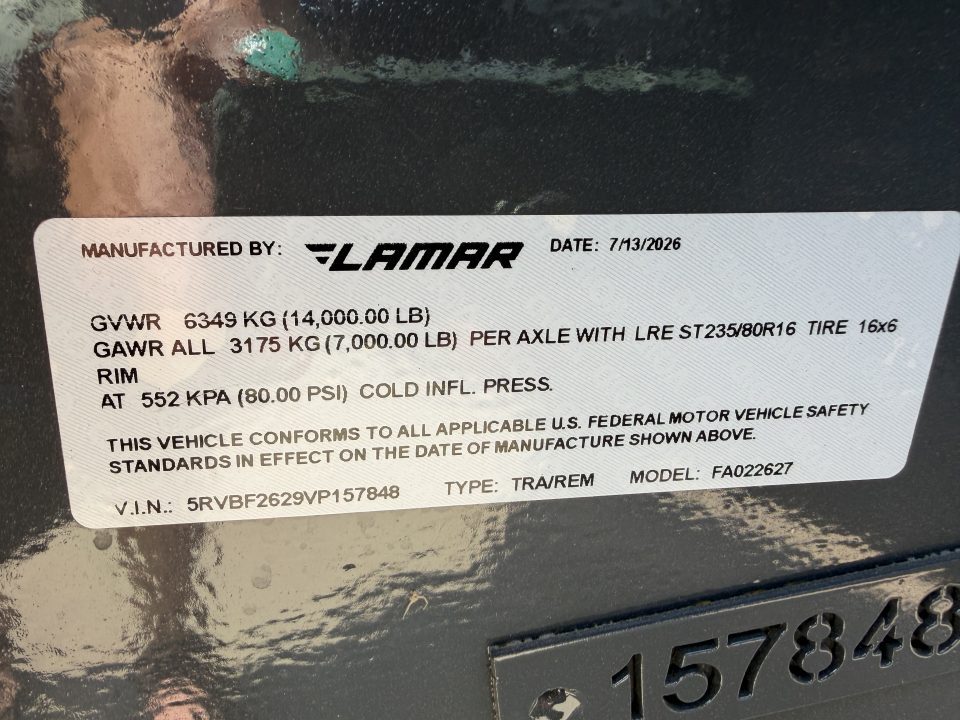 New #157848 2027 LAMAR FA 26 X 102 BUMPER PULL 14K DECKOVER FULL BED TILT W/ SPARE TIRE