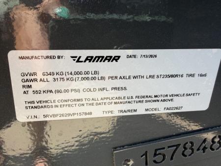 New #157848 2027 LAMAR FA 26 X 102 BUMPER PULL 14K DECKOVER FULL BED TILT W/ SPARE TIRE