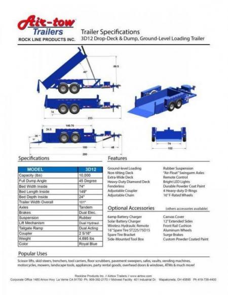 New 6'2" x 12' Air Tow 24" Sides 3D-12 Drop-Deck/Dump Trailer 15k