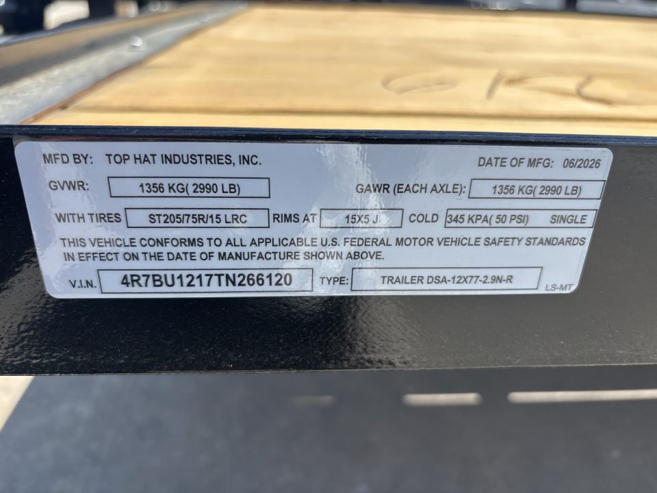 New #266120 2026 TOP HAT DSA 12 X 77 SINGLE AXLE ANGLE TOP 3.5K UTILITY W/ RAMP GATE