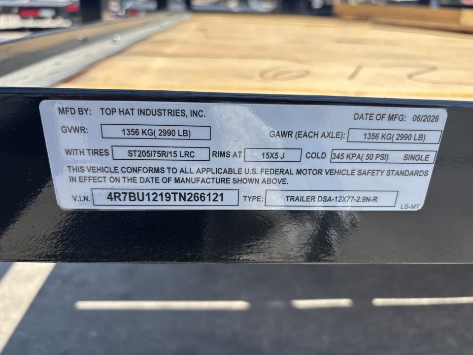 New #266121 2026 TOP HAT DSA 12 X 77 SINGLE AXLE ANGLE TOP 3.5K UTILITY W/ RAMP GATE