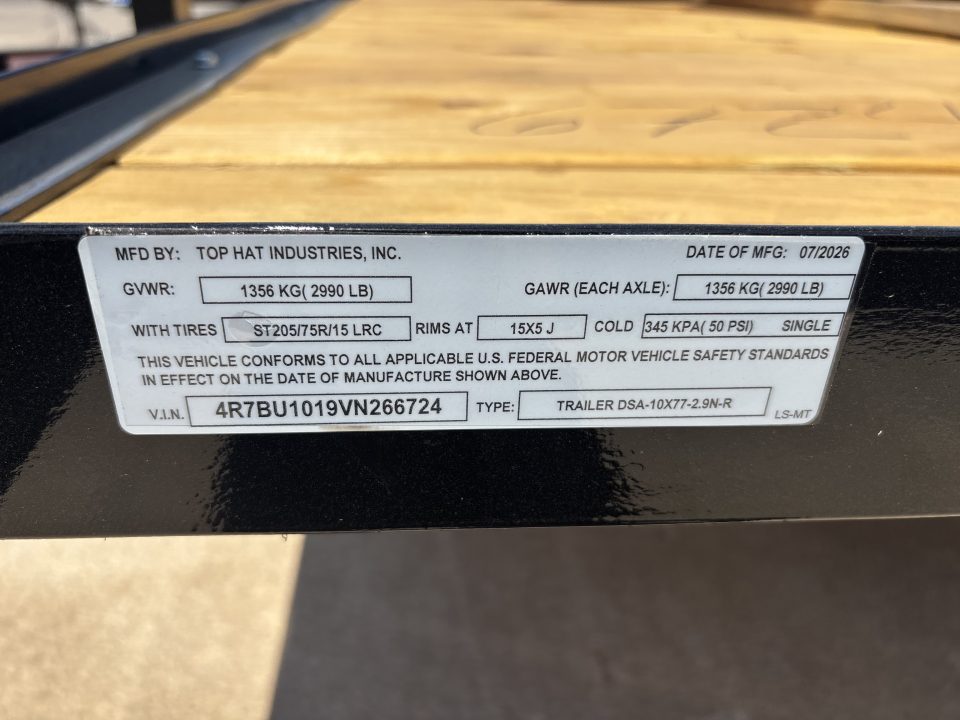 New #266724 2026 TOP HAT DSA 10 X 77 SINGLE AXLE ANGLE TOP 3.5K UTILITY W/ RAMP GATE