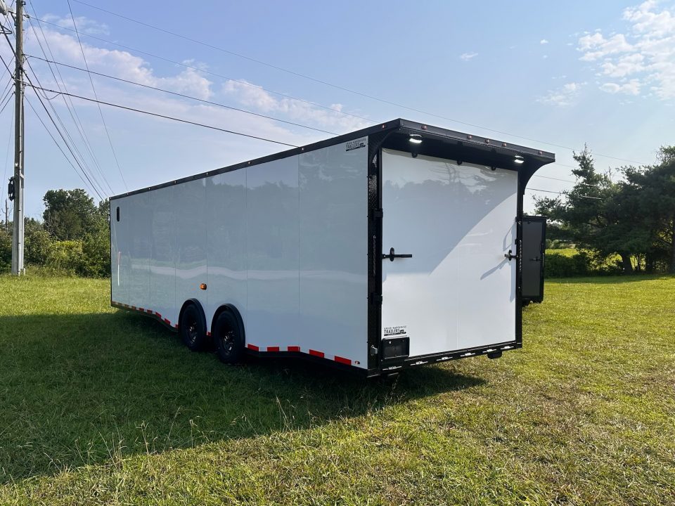 New 2026 Luxe 8.5x28 Car Hauler 7000lb Spread Torsion - Full Escape Door-Removable Fender Car / Racing Trailer