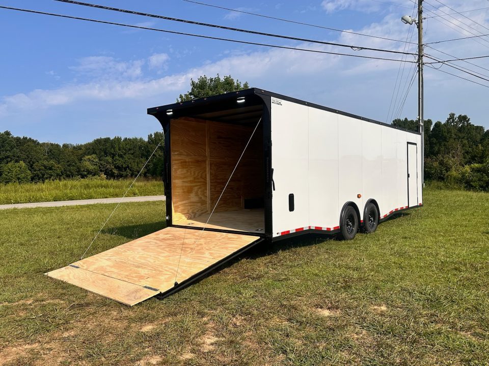 New 2026 Luxe 8.5x28 Car Hauler 7000lb Spread Torsion - Full Escape Door-Removable Fender Car / Racing Trailer