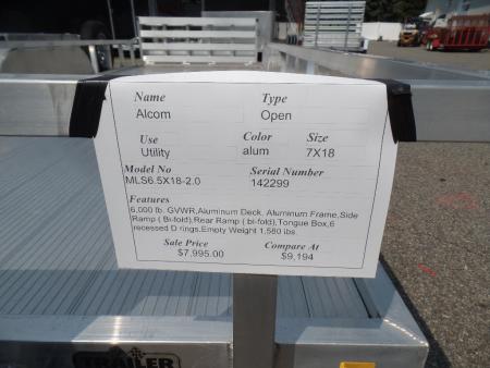 New 2026 ALCOM 6.5' by 18 ft. ALL Aluminum , with side ramp Utility Trailer