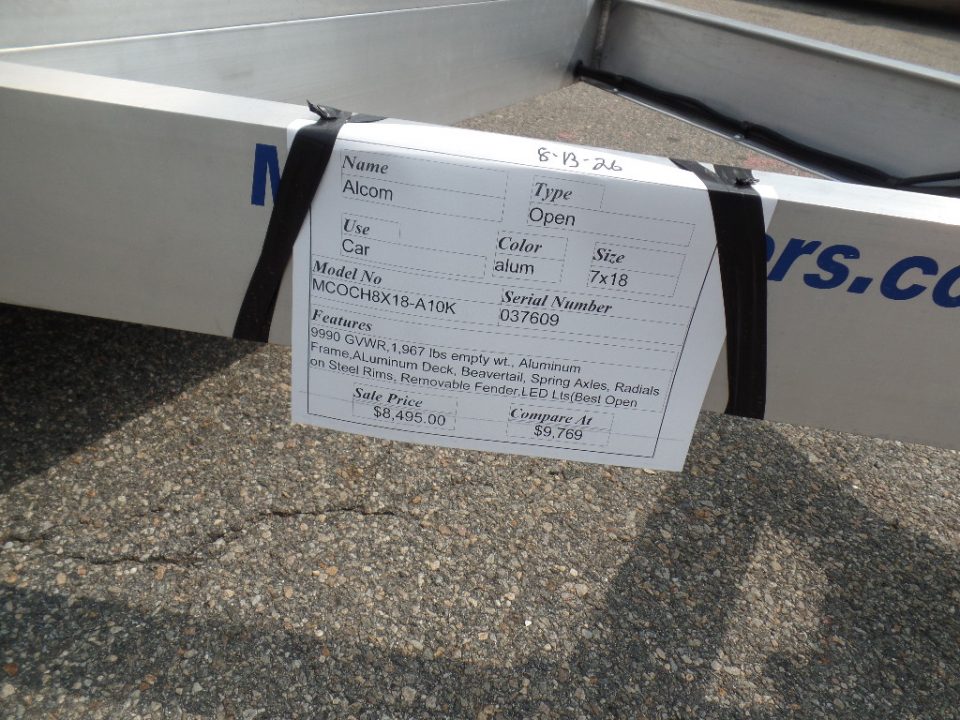 New 2026 ALCOM 7X18 all aluminum frame and deck, 9,990 lb. GVWR Car Hauler