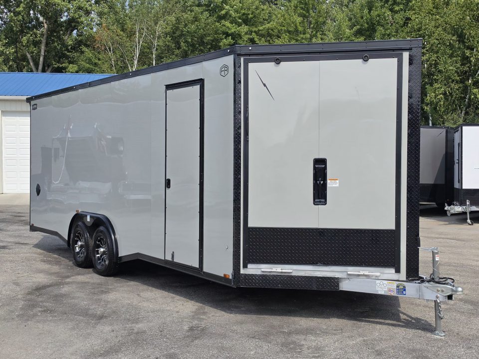 New 8 X 22 CAR HAULER ENCLOSED W/FRONT DROP DOWN DOOR ALL ALUMINUM 5200# AXLES 2027 LIGHTNING