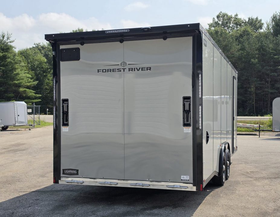 New 8 X 22 CAR HAULER ENCLOSED W/FRONT DROP DOWN DOOR ALL ALUMINUM 5200# AXLES 2027 LIGHTNING