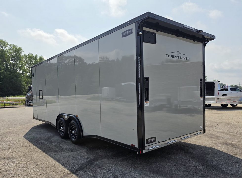New 8 X 22 CAR HAULER ENCLOSED W/FRONT DROP DOWN DOOR ALL ALUMINUM 5200# AXLES 2027 LIGHTNING