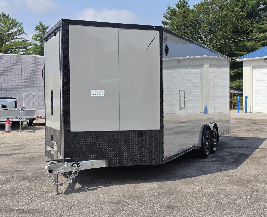 New 8 X 22 CAR HAULER ENCLOSED W/FRONT DROP DOWN DOOR ALL ALUMINUM 5200# AXLES 2027 LIGHTNING