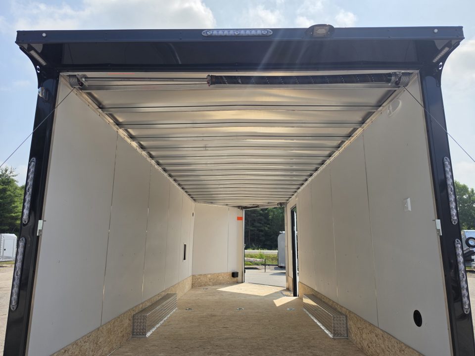New 8 X 22 CAR HAULER ENCLOSED W/FRONT DROP DOWN DOOR ALL ALUMINUM 5200# AXLES 2027 LIGHTNING