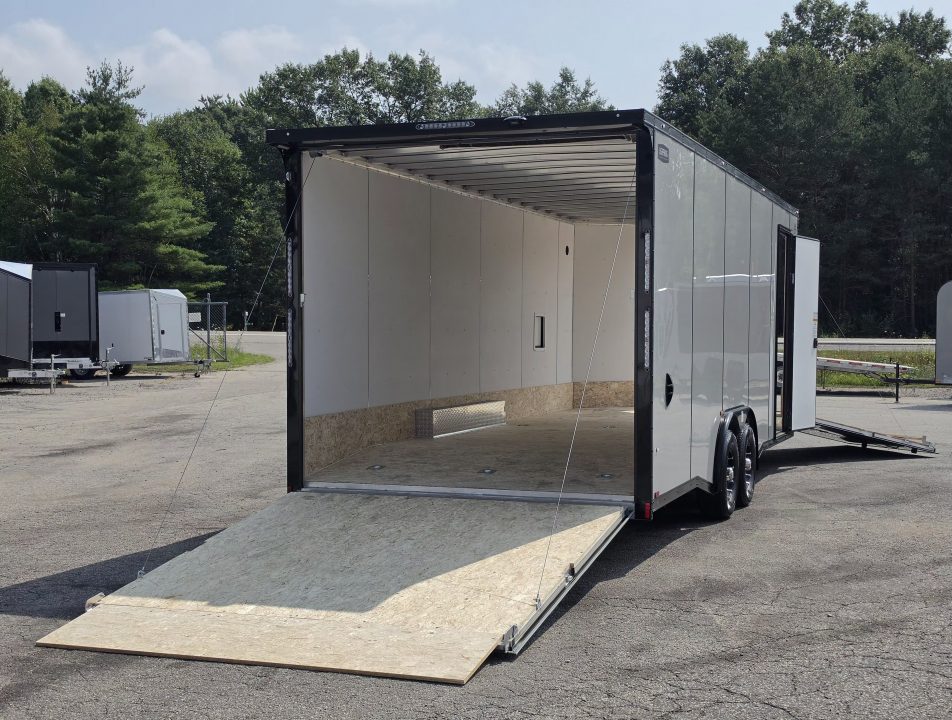 New 8 X 22 CAR HAULER ENCLOSED W/FRONT DROP DOWN DOOR ALL ALUMINUM 5200# AXLES 2027 LIGHTNING