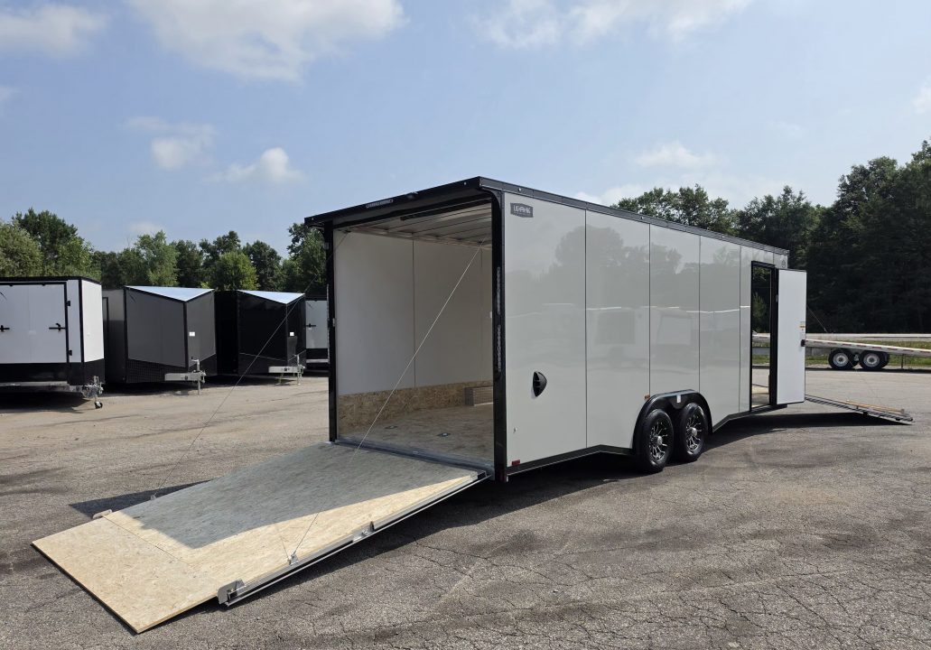 New 8 X 22 CAR HAULER ENCLOSED W/FRONT DROP DOWN DOOR ALL ALUMINUM 5200# AXLES 2027 LIGHTNING