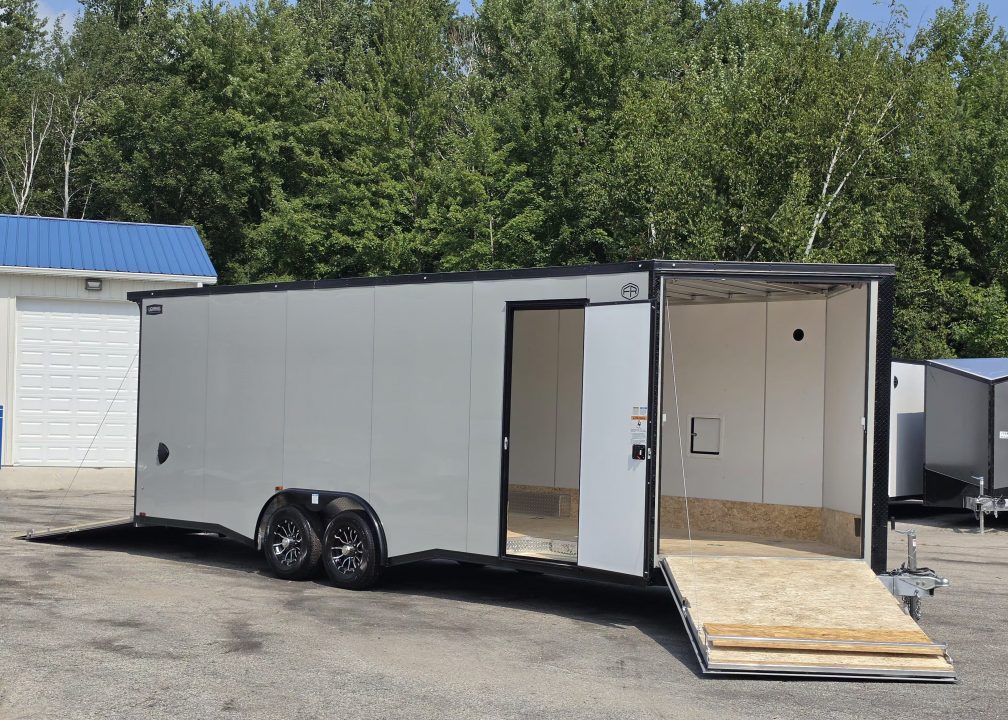 New 8 X 22 CAR HAULER ENCLOSED W/FRONT DROP DOWN DOOR ALL ALUMINUM 5200# AXLES 2027 LIGHTNING