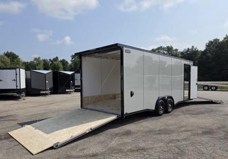 New 8 X 22 CAR HAULER ENCLOSED W/FRONT DROP DOWN DOOR ALL ALUMINUM 5200# AXLES 2027 LIGHTNING