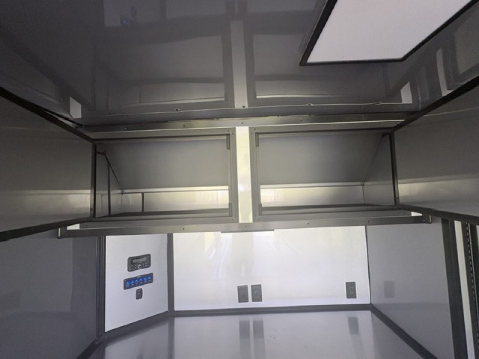 New 2027 Rock Solid Cargo Super Sport Enclosed Race Trailer For Sale Rear Spoiler Spread Axle Awning Finished Interior Cabinets A/C