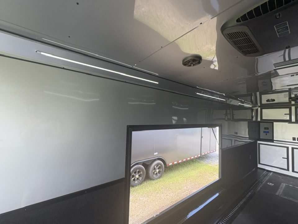 New 2027 Rock Solid Cargo Super Sport Enclosed Race Trailer For Sale Rear Spoiler Spread Axle Awning Finished Interior Cabinets A/C