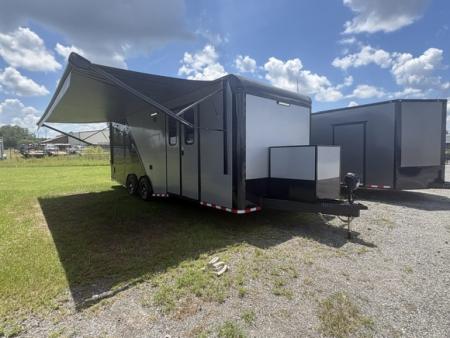 New 2027 Rock Solid Cargo Super Sport Enclosed Race Trailer For Sale Rear Spoiler Spread Axle Awning Finished Interior Cabinets A/C