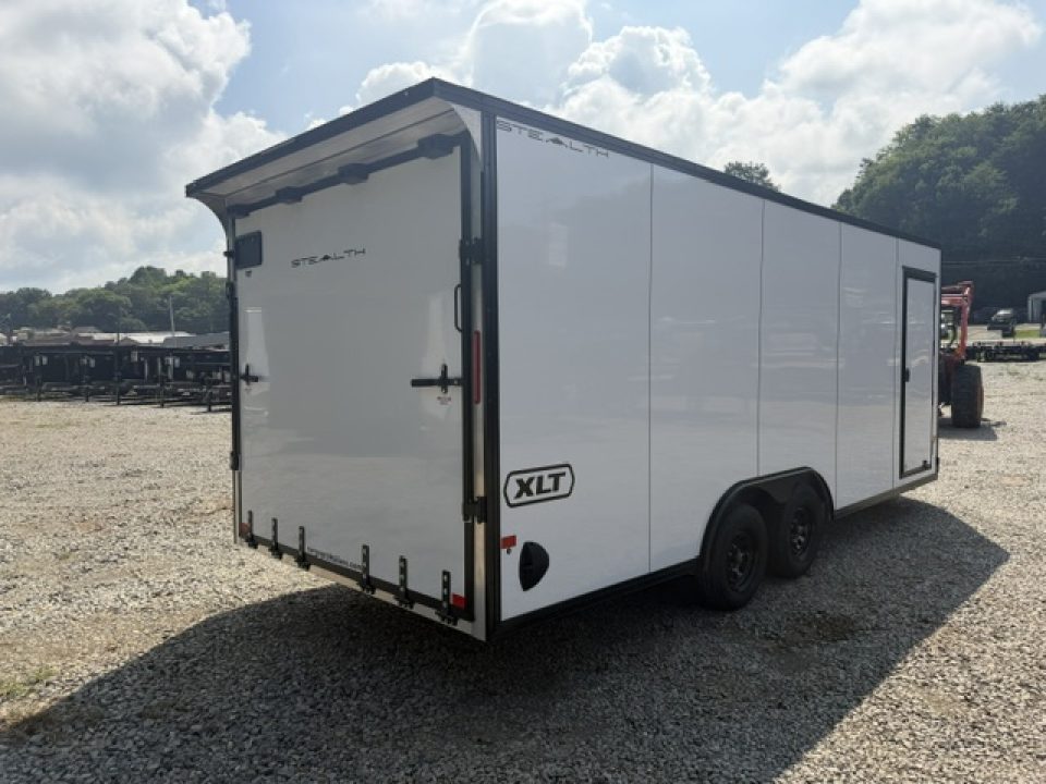 New Stealth Aluminum Enclosed 8.5x20 XLT Pro Series 7K- Crystal White W/ Black Trim, Escape Door and Rear Wing
