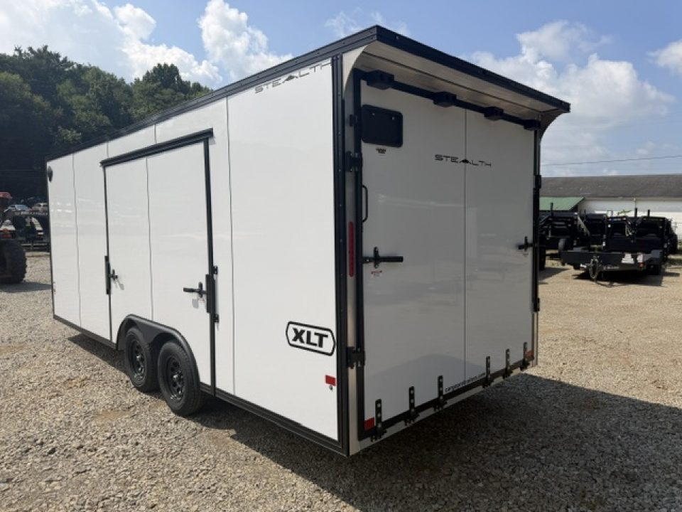New Stealth Aluminum Enclosed 8.5x20 XLT Pro Series 7K- Crystal White W/ Black Trim, Escape Door and Rear Wing