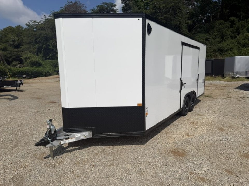 New Stealth Aluminum Enclosed 8.5x20 XLT Pro Series 7K- Crystal White W/ Black Trim, Escape Door and Rear Wing