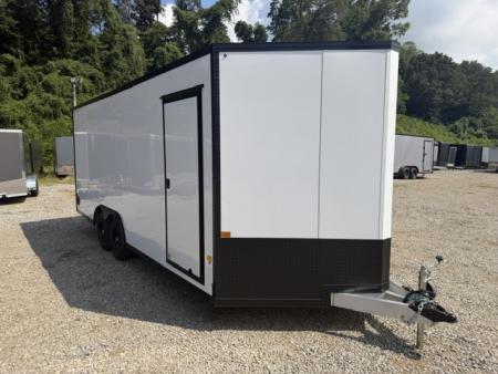 New Stealth Aluminum Enclosed 8.5x20 XLT Pro Series 7K- Crystal White W/ Black Trim, Escape Door and Rear Wing