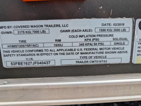 Used 2018 Covered Wagon Trailers CW7X16TA2 Cargo / Enclosed Trailer