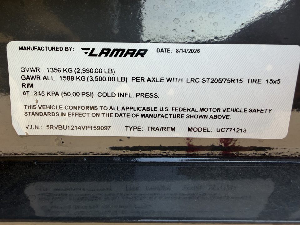 New #159097 2027 LAMAR UC 12 X 77 SINGLE AXLE SQUARE TUBE TOP 3K UTILITY W/ REAR RAMP GATE