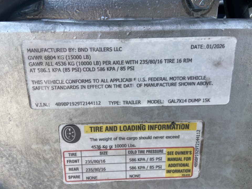 New BND Galvanized 7X14 Dump Trailer