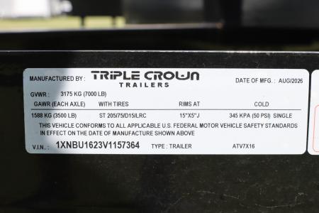 New 2027 7X16 Triple Crown ATV UTILITY TRAILER