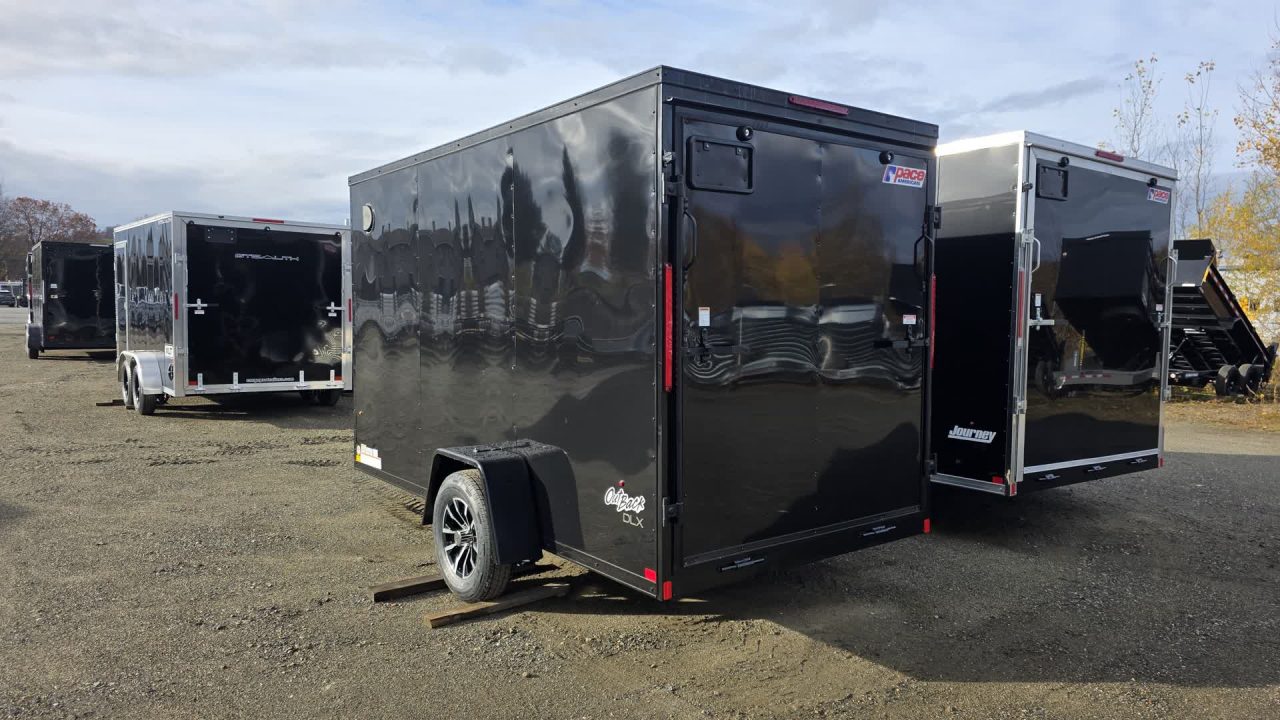 New 2026 Pace American 6x12 Outback DLX Flat Top V-Nose 3K w/ BLACK OUT, EXTRA HEIGHT, D-RING, ALLOY WHEELS & STAB JACKS