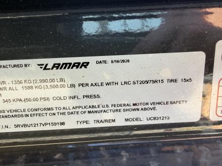 New #159188 2027 LAMAR UC 12 X 83 SINGLE AXLE PIPE TOP 3K UTILITY TRAILER W/ REAR RAMP GATE